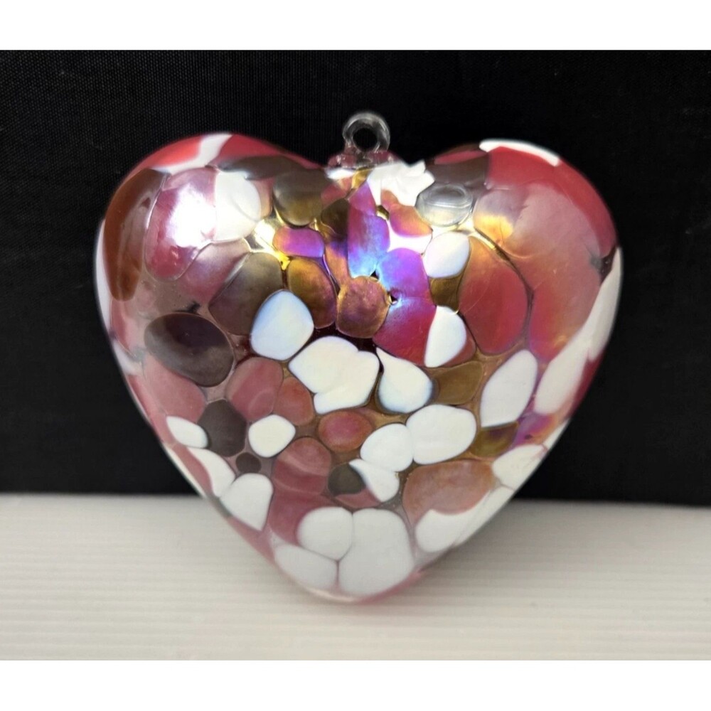 Zorza Blown Glass Heart Ornament Handmade in Poland Pink White Bronze Mosaic 4”